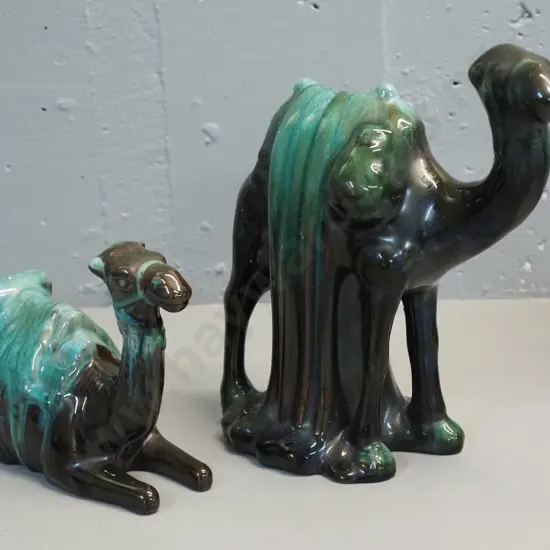 2 Blue Mountain pottery camel figures - standing one is H-230