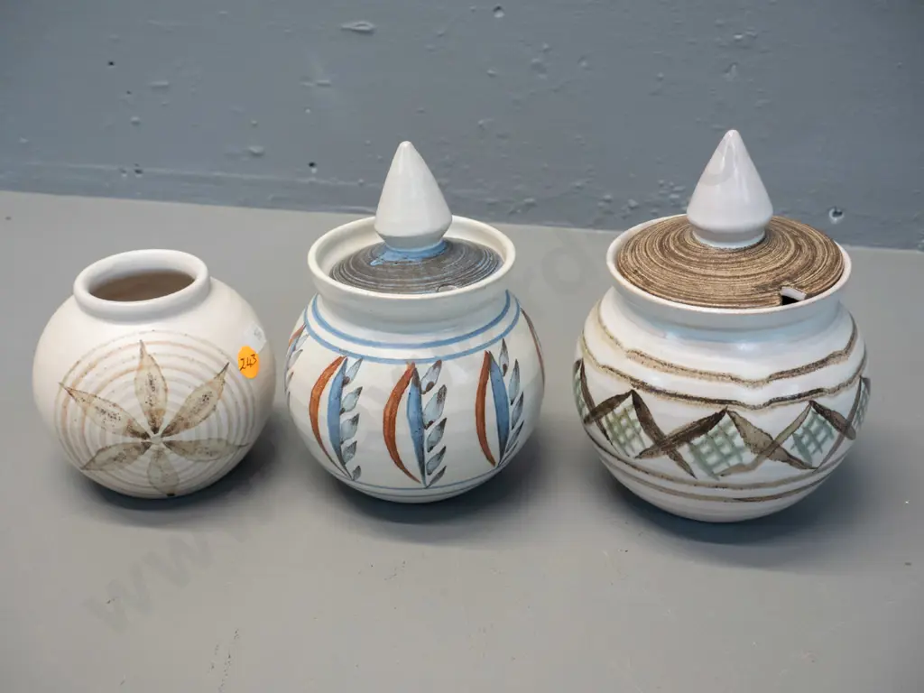 3 pieces Hanmer New Zealand pottery - 2 lidded honey pots, taller is H-180, and a vase Image 1++