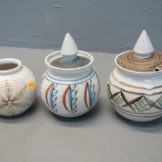 3 pieces Hanmer New Zealand pottery - 2 lidded honey pots, taller is H-180, and a vase