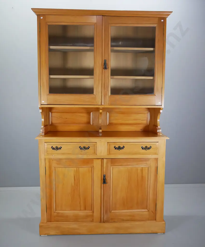 vintage kauri sideboard w/2-door glazed display top, 2 doors & 2 drawers in base, some handles replaced H2180 W1290 D410 Image 1++