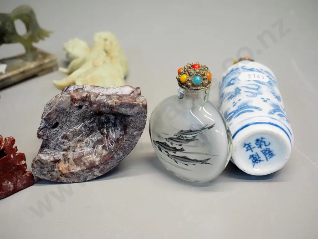 2 scent bottles with faux jewel tops, one glass, one ceramic, 4 Chinese soapstone figurines, tallest is H-180 Image 1++