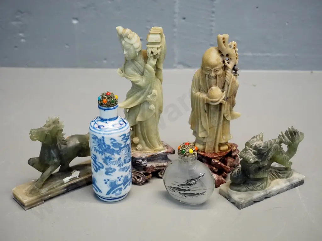 2 scent bottles with faux jewel tops, one glass, one ceramic, 4 Chinese soapstone figurines, tallest is H-180 Image 1++