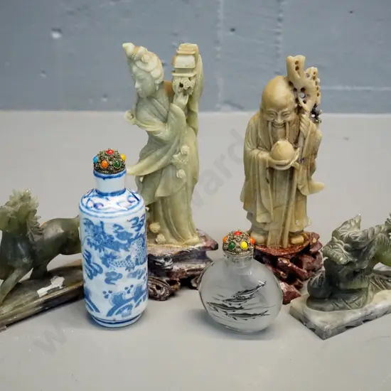 2 scent bottles with faux jewel tops, one glass, one ceramic, 4 Chinese soapstone figurines, tallest is H-180