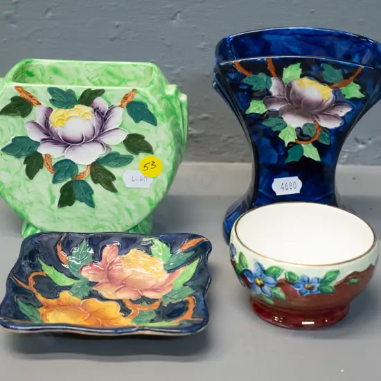 4 small pieces of Maling china - 2 vases, pin dish and small bowl. Taller vase is H-130