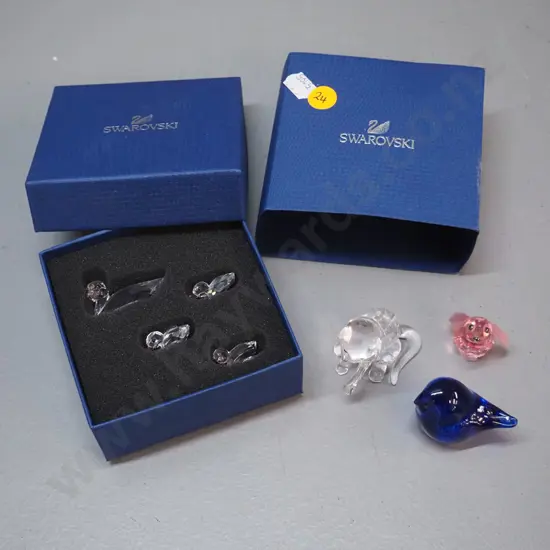 3 Swarovski crystal items - boxed duck w/3 ducklings, cat and rabbit - and a small marbled blue glass bird