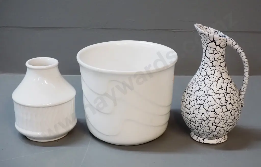 3 German pottery white items - 2 vases, one with crackle glaze is H-190, and a plant pot D-150 Image 1++