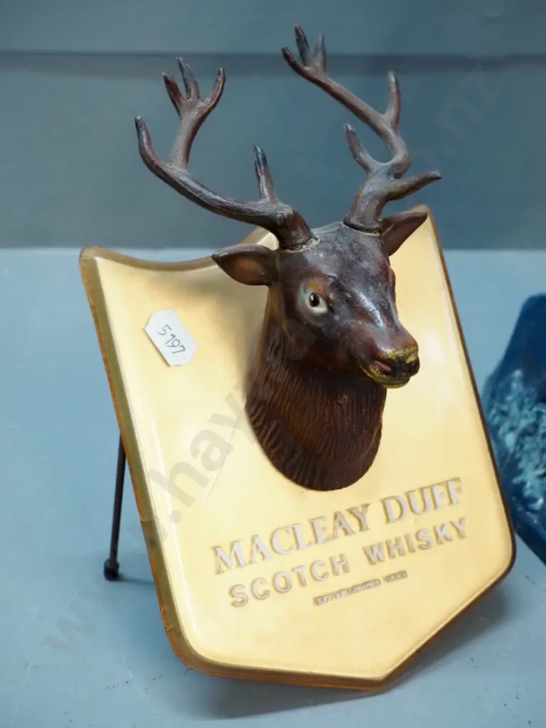 whisky items - Dewar's piper figure with finish wear H-350, Maclay-Duff stag's head plaque, DCL ashtray Image 1++