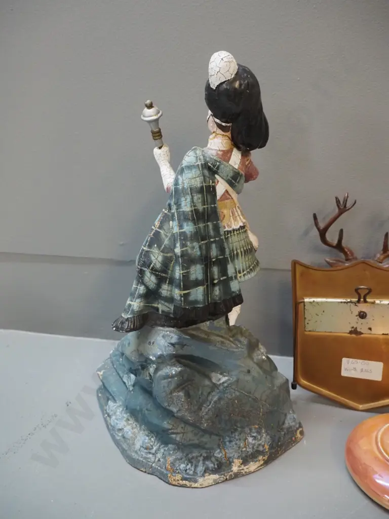 whisky items - Dewar's piper figure with finish wear H-350, Maclay-Duff stag's head plaque, DCL ashtray Image 1++