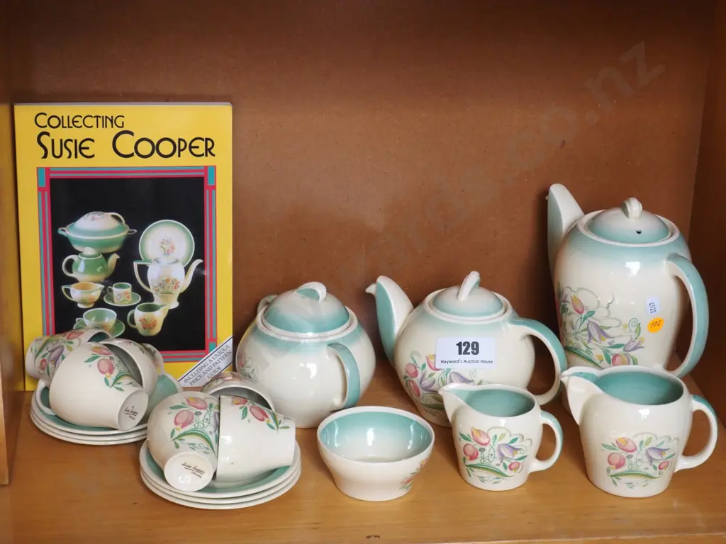 Susie Cooper Springtime tea pot, coffee pot, 2 sugars, 2 creams, 6 coffee cups & saucers and a collector's book Image 1++