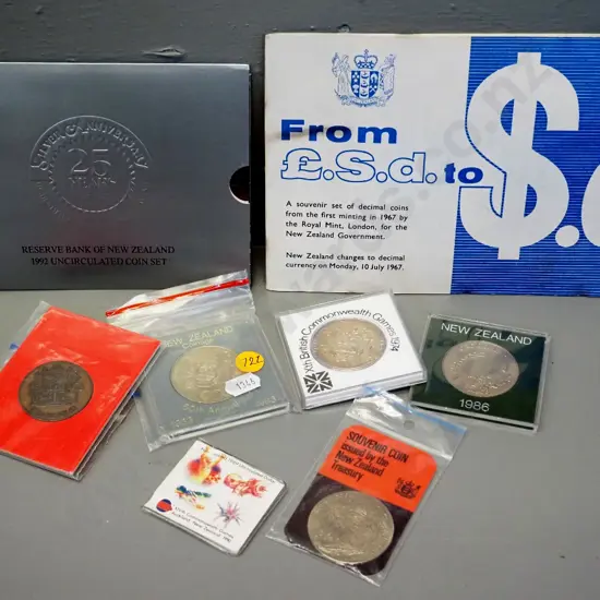New Zealand collector coins - 1974 Commonwealth Games crown, 1986 dollar, 1967 uncirculated set, etc.