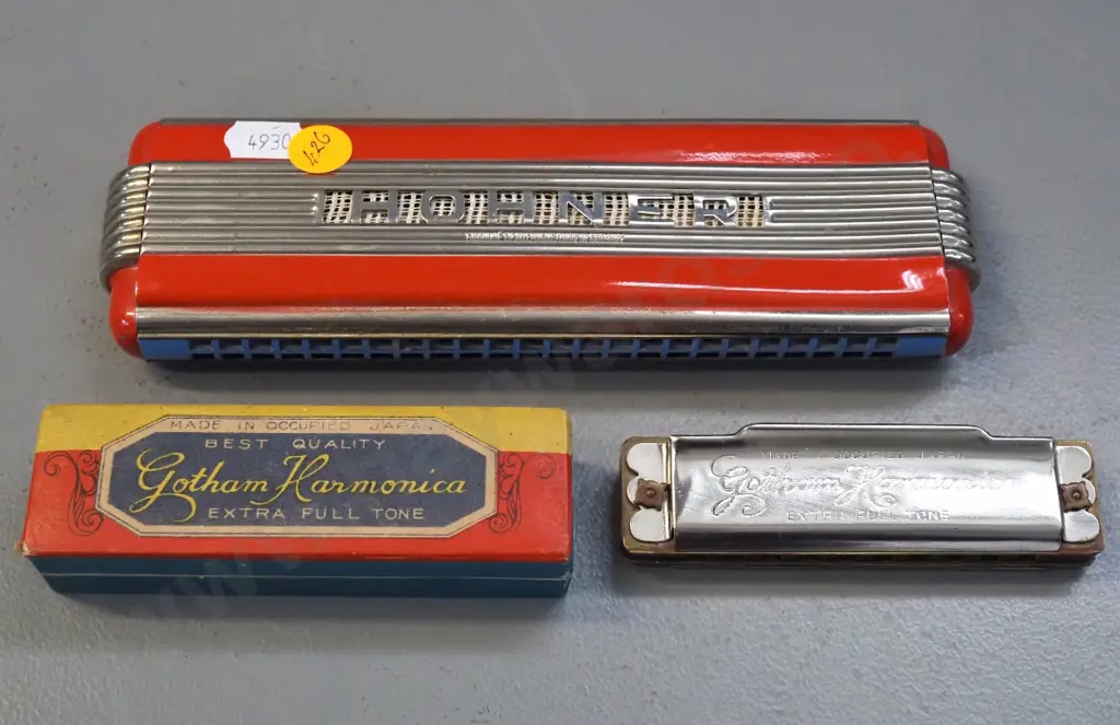 2 harmonicas - large Hohner Germany L-200 and boxed Gotham marked Occupied Japan Image 1++