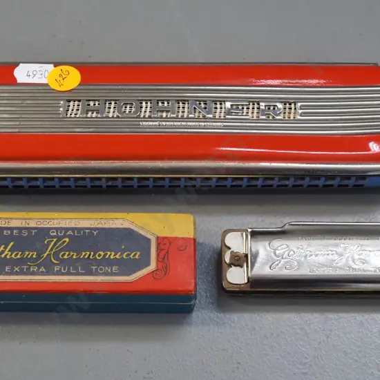 2 harmonicas - large Hohner Germany L-200 and boxed Gotham marked Occupied Japan