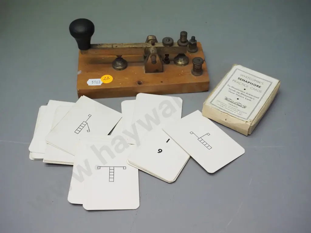 vintage morse key on wooden base and a pack of semaphore signal training cards Image 1++