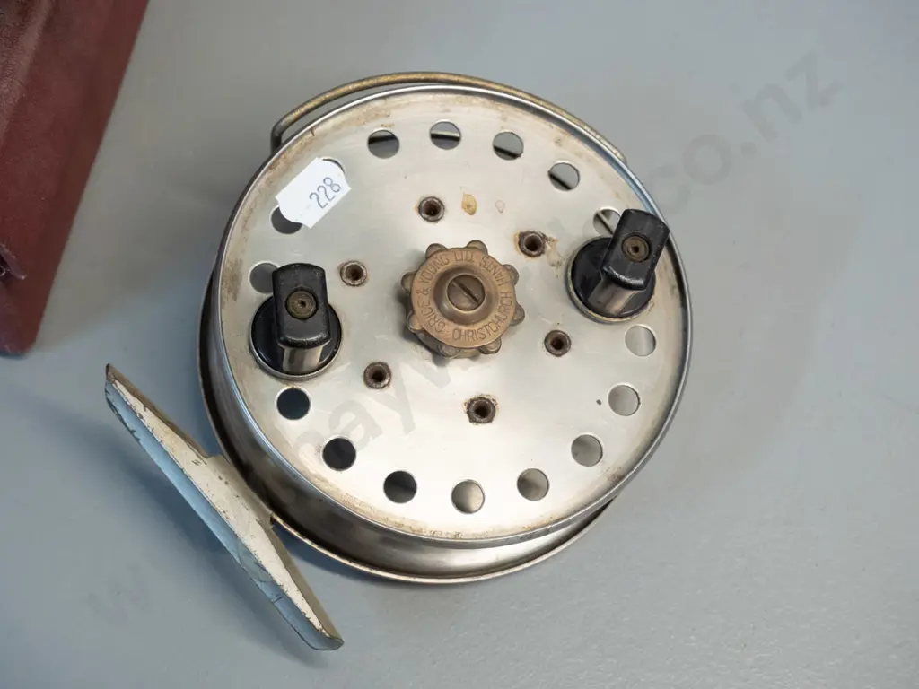 2 metal fishing reels - Allcock Easicast with original box and Seajeda Fly Reel marked Grice Young & Co. CHCH Image 1++