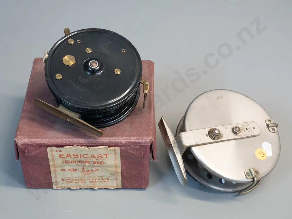 2 metal fishing reels - Allcock Easicast with original box and Seajeda Fly Reel marked Grice Young & Co. CHCH Image 1++