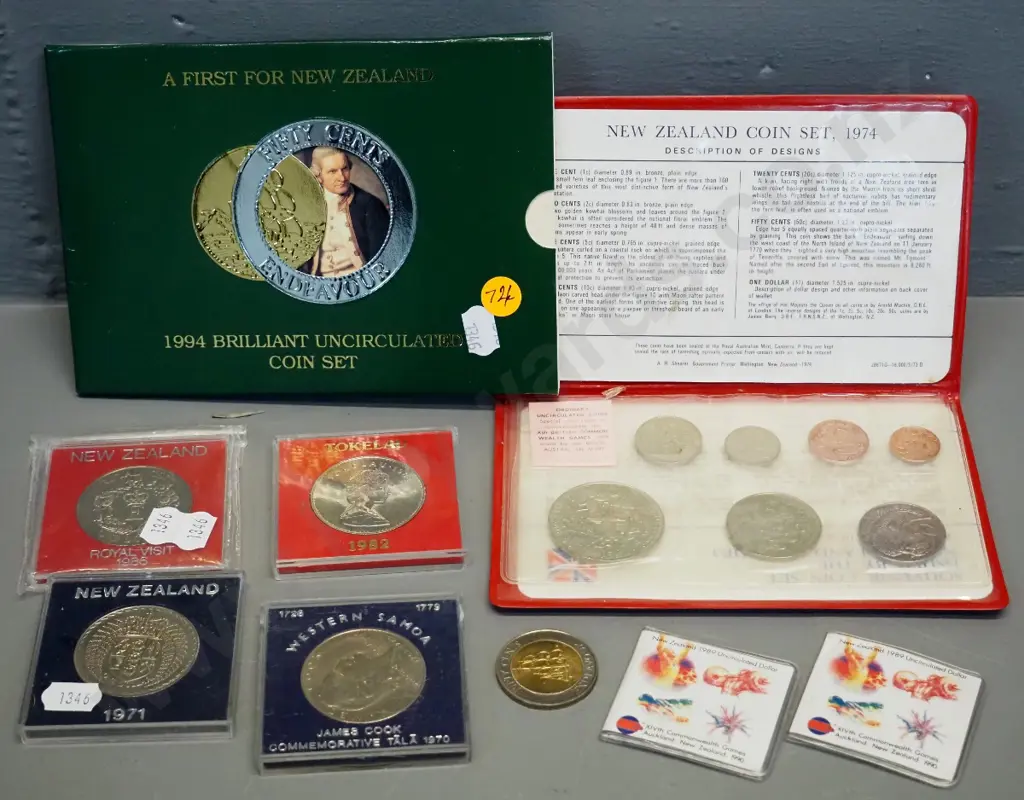 New Zealand & other collector coins - 1994 Cook uncirculated set, 1974 set, Tokelau 1982 dollar, Samoa 1979, etc. Image 1++