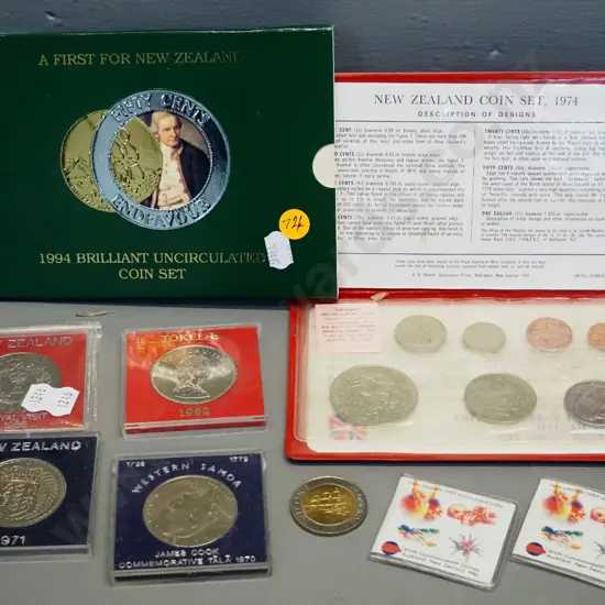New Zealand & other collector coins - 1994 Cook uncirculated set, 1974 set, Tokelau 1982 dollar, Samoa 1979, etc.