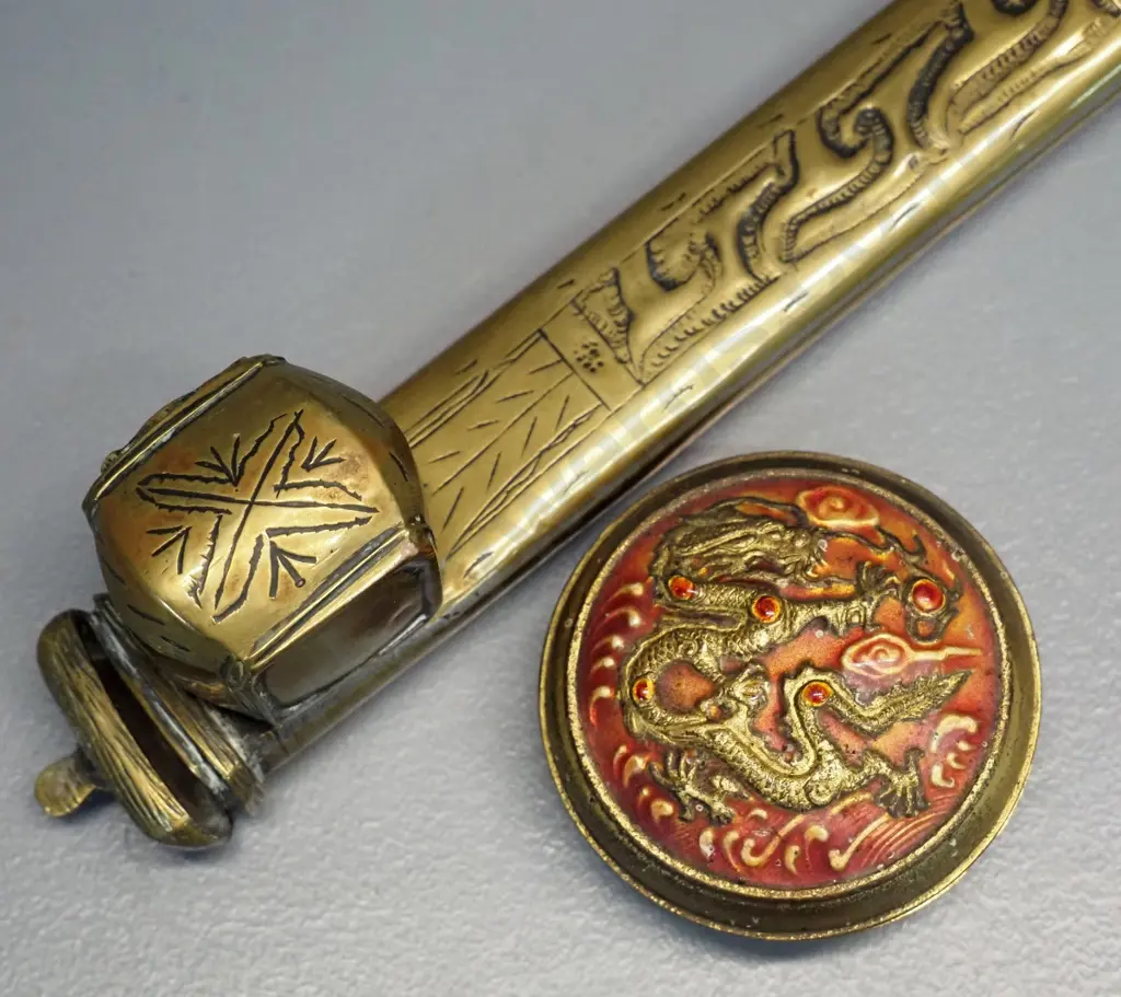 asian brass sleeve shaped container with raised design L260 & small metal lidded container with blue enamel interior D60 Image 1++