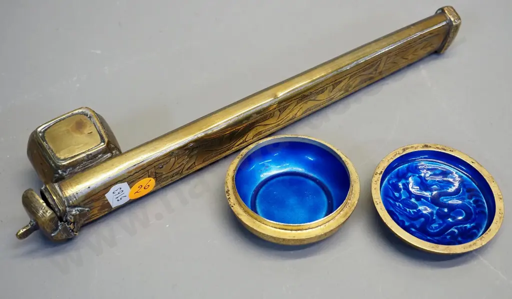 asian brass sleeve shaped container with raised design L260 & small metal lidded container with blue enamel interior D60 Image 1++