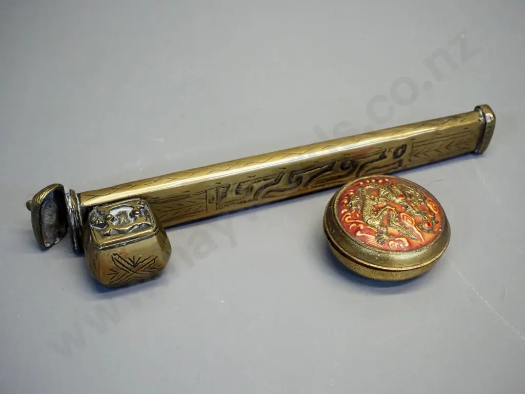 asian brass sleeve shaped container with raised design L260 & small metal lidded container with blue enamel interior D60 Image 1++