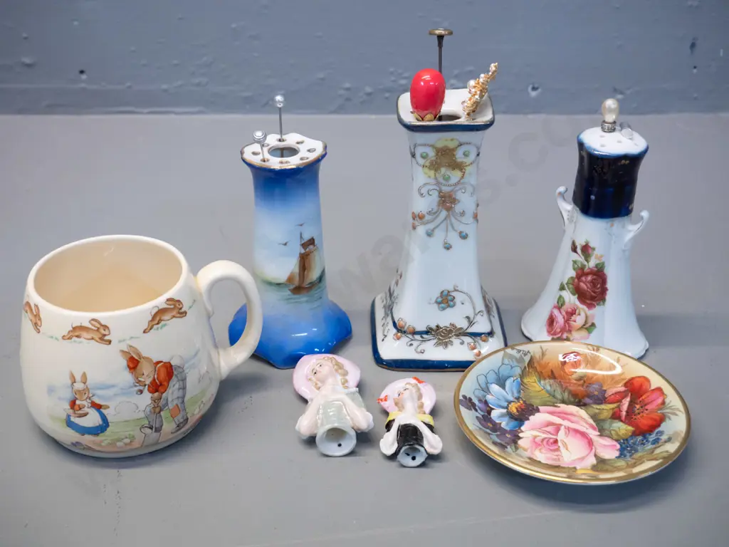 Aynsley pin dish, 2 small half dolls, a Bunnykins mug and 3 hat pin holders with assorted hat pins - tallest is H-130 Image 1++