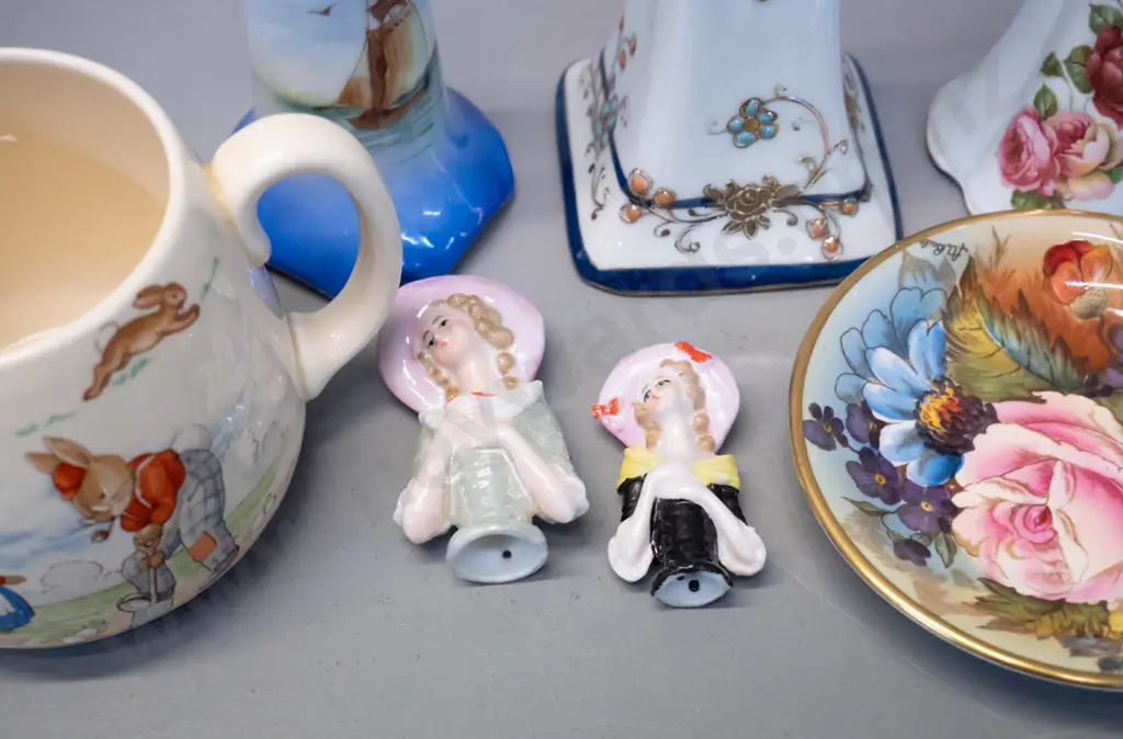 Aynsley pin dish, 2 small half dolls, a Bunnykins mug and 3 hat pin holders with assorted hat pins - tallest is H-130 Image 1++