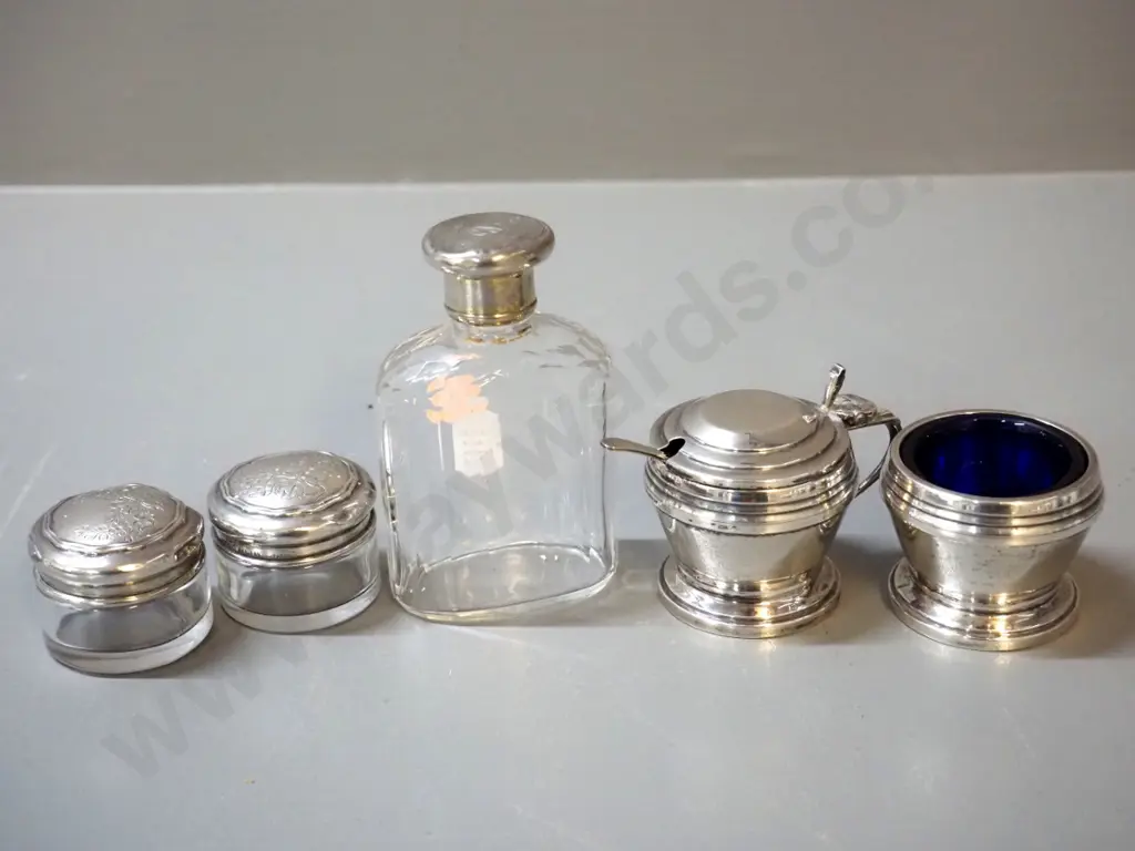 sterling silver mustard pot and open salt, both w/blue glass liners, and 3 sterling silver topped glass items Image 1++