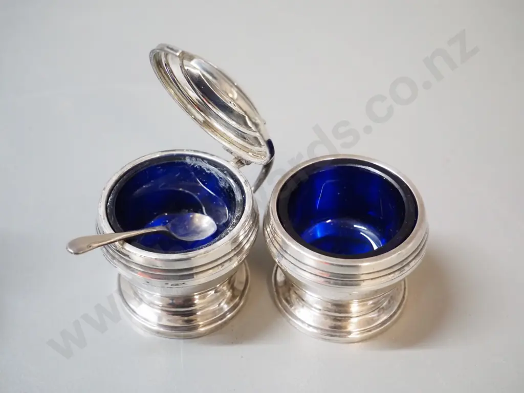 sterling silver mustard pot and open salt, both w/blue glass liners, and 3 sterling silver topped glass items Image 1++