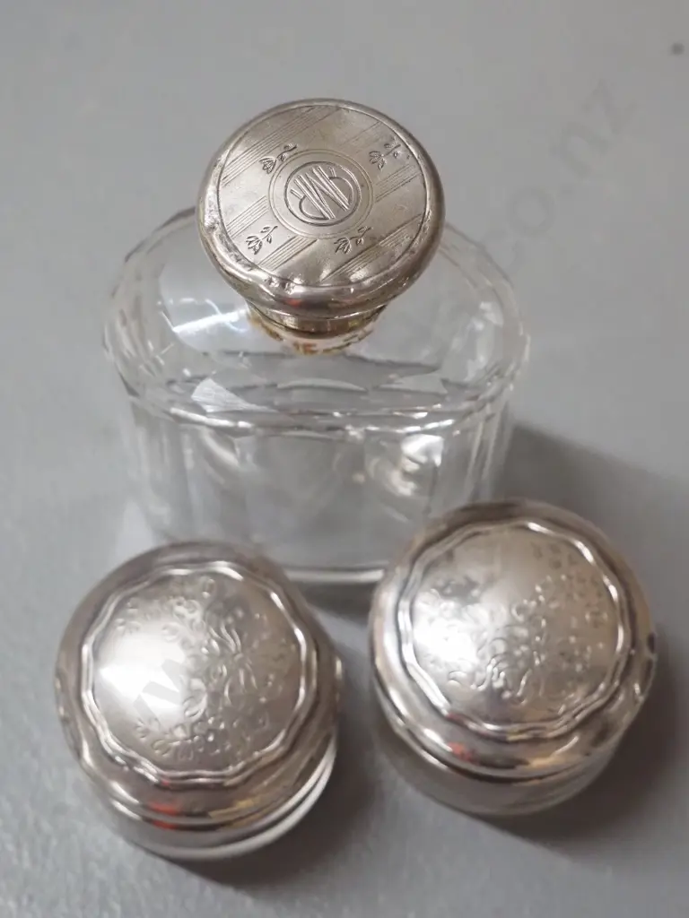 sterling silver mustard pot and open salt, both w/blue glass liners, and 3 sterling silver topped glass items Image 1++