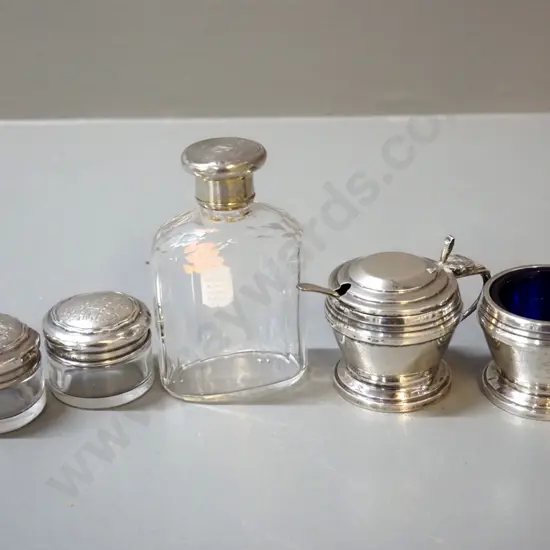sterling silver mustard pot and open salt, both w/blue glass liners, and 3 sterling silver topped glass items