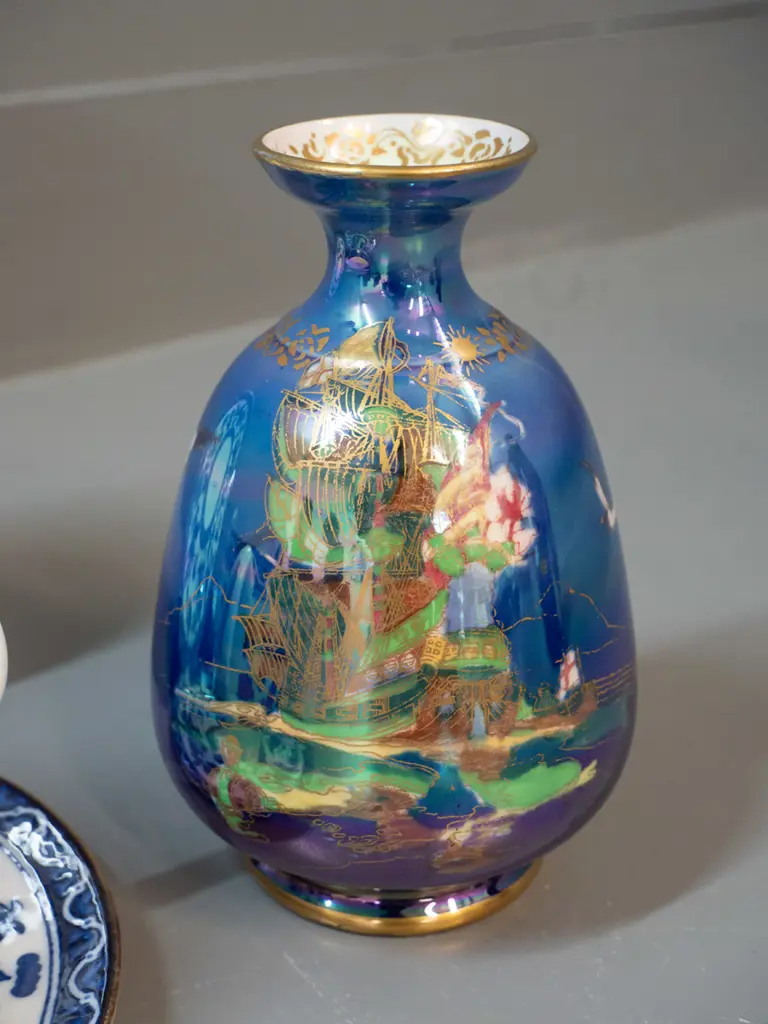 English china - Devon Lusterine vase, 3 trios - Doulton, Aynsley, Royal Albert -  Burleigh calico coffee cup & saucer Image 1++