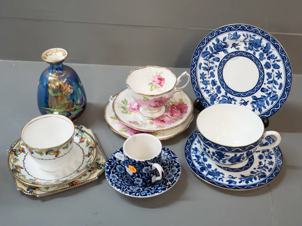 English china - Devon Lusterine vase, 3 trios - Doulton, Aynsley, Royal Albert -  Burleigh calico coffee cup & saucer Image 1++