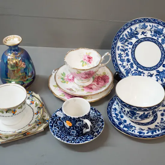 English china - Devon Lusterine vase, 3 trios - Doulton, Aynsley, Royal Albert -  Burleigh calico coffee cup & saucer