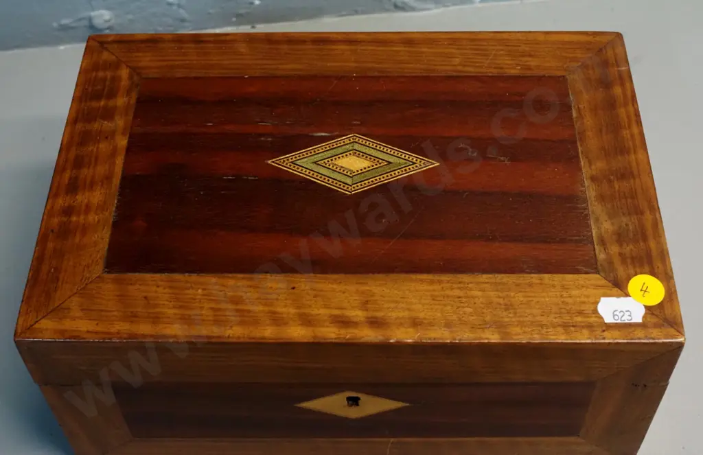 inlaid timber sewing box with fitted interior, missing one compartment lid H110 W250 D170 Image 1++