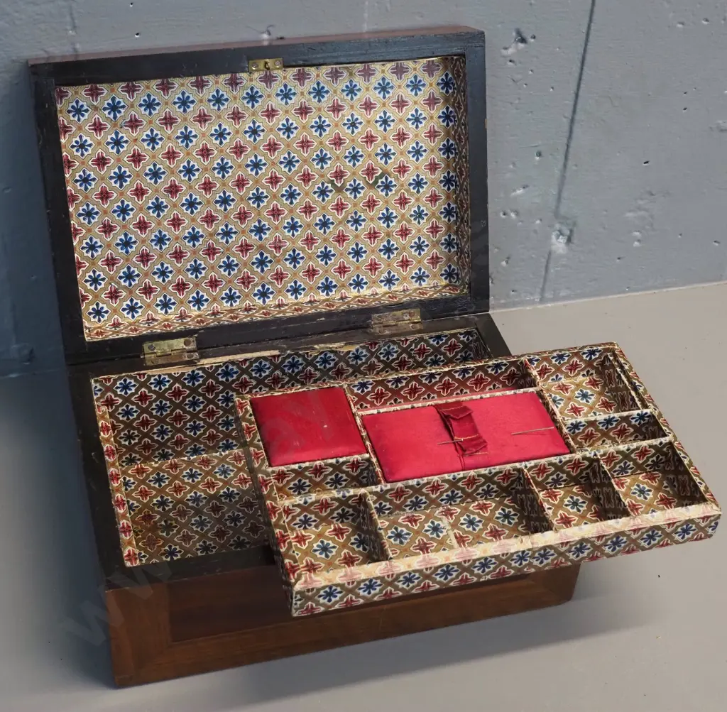 inlaid timber sewing box with fitted interior, missing one compartment lid H110 W250 D170 Image 1++