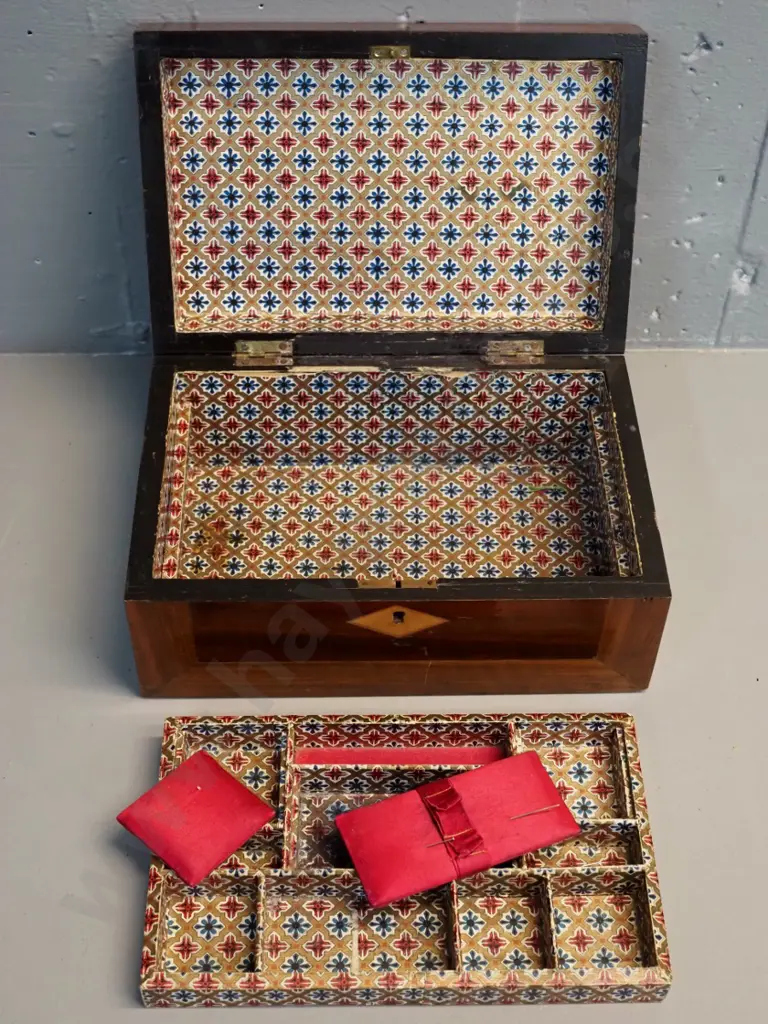 inlaid timber sewing box with fitted interior, missing one compartment lid H110 W250 D170 Image 1++