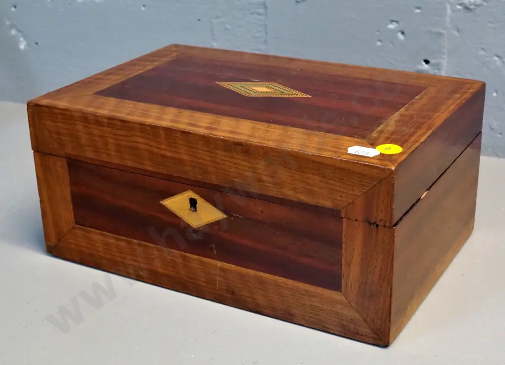inlaid timber sewing box with fitted interior, missing one compartment lid H110 W250 D170 Image 1++