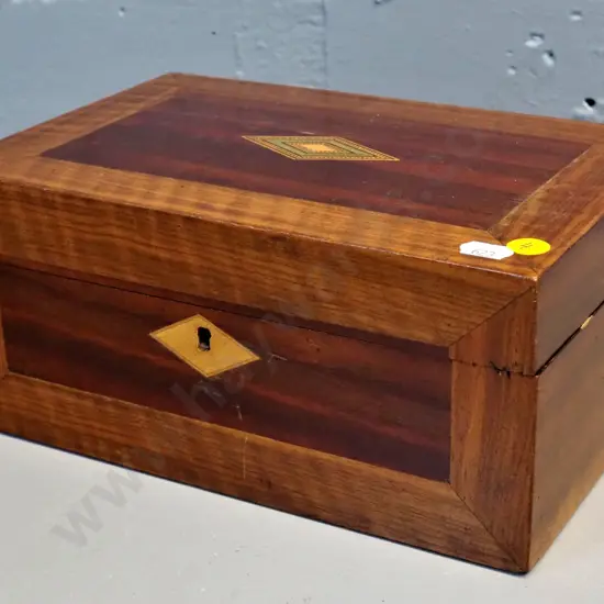 inlaid timber sewing box with fitted interior, missing one compartment lid H110 W250 D170