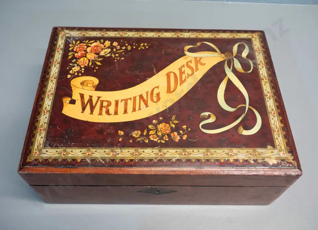vintage writing slope box with alphabet stamps and pen nibs (some damage) and a small faux stone brush and comb set Image 1++