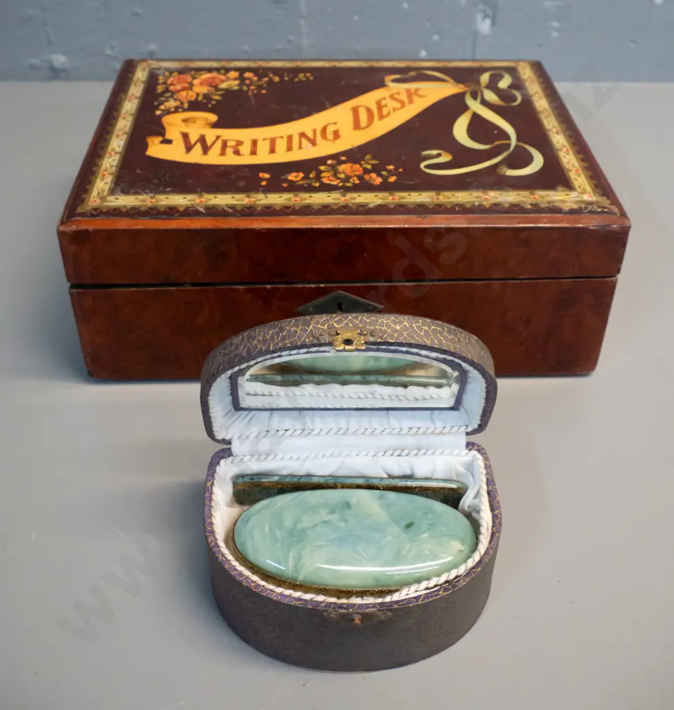 vintage writing slope box with alphabet stamps and pen nibs (some damage) and a small faux stone brush and comb set Image 1++