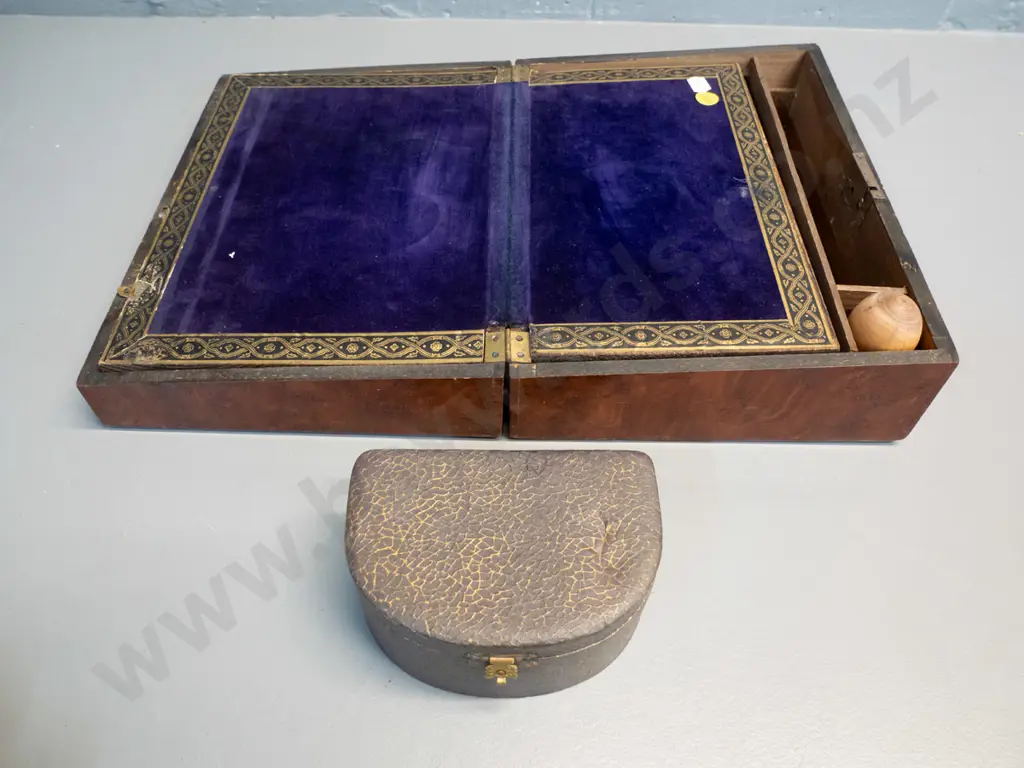 vintage writing slope box with alphabet stamps and pen nibs (some damage) and a small faux stone brush and comb set Image 1++
