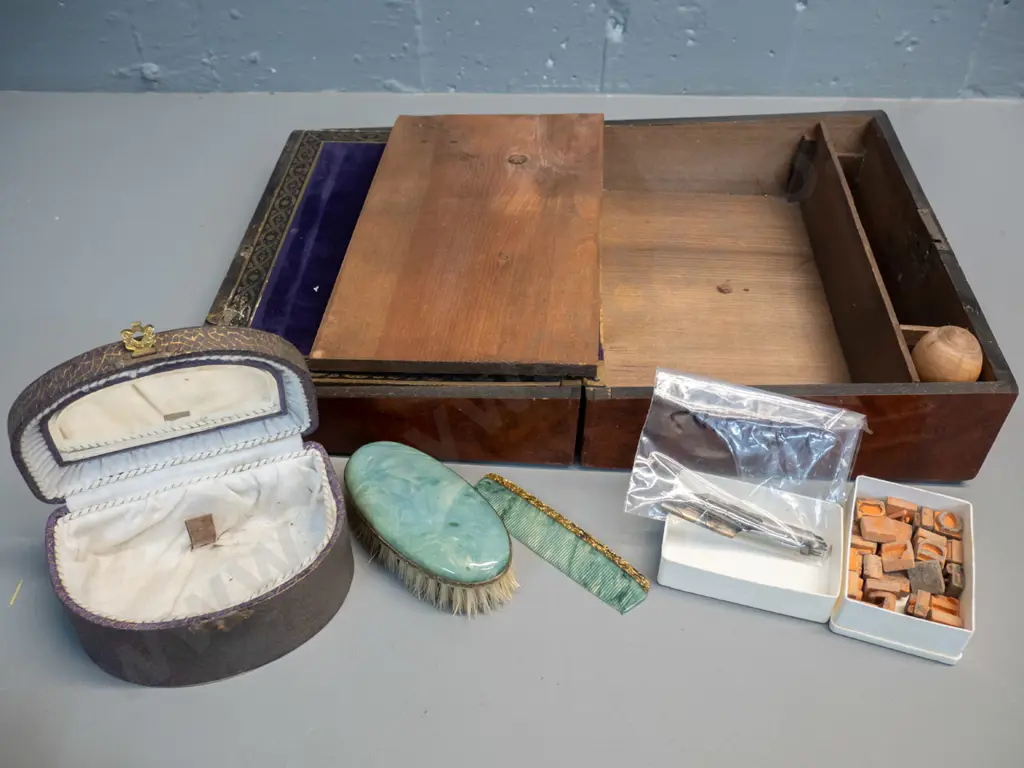 vintage writing slope box with alphabet stamps and pen nibs (some damage) and a small faux stone brush and comb set Image 1++