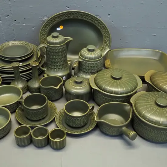 assorted retro Wedgwood 'Cambrian' dinner and oven ware - coffee & tea pot, casseroles, etc fleck to sugar bowl & 1 bowl