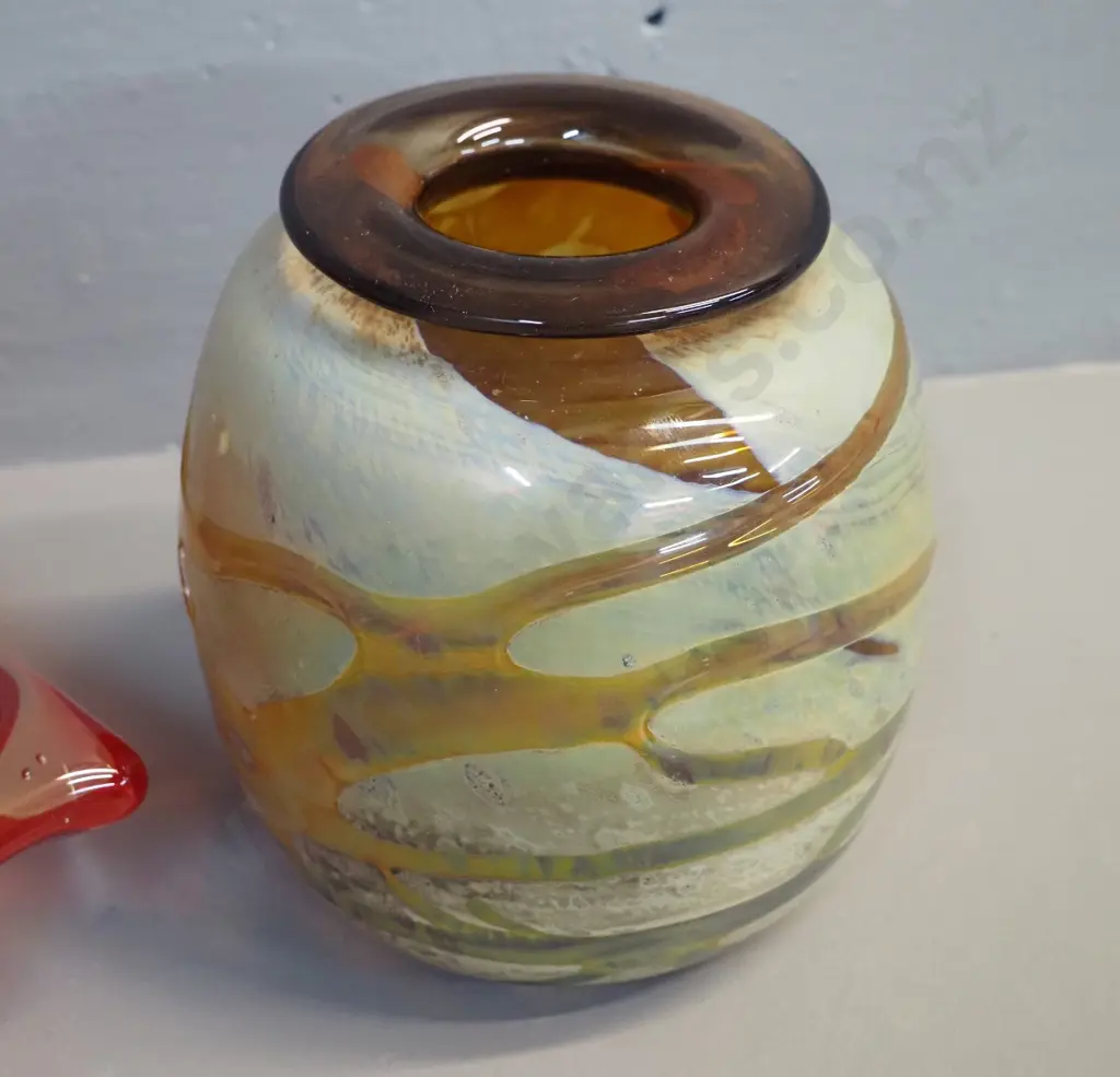 2 art glass items - heavy orange and clear bowl D280 - some marks & scratches - and a multi-colour vase Image 1++