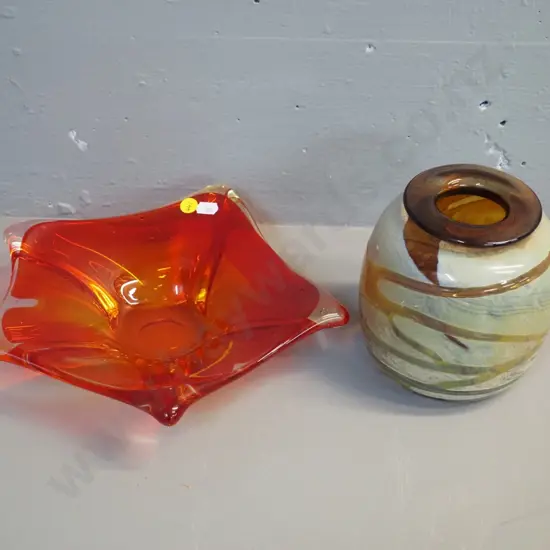 2 art glass items - heavy orange and clear bowl D280 - some marks & scratches - and a multi-colour vase
