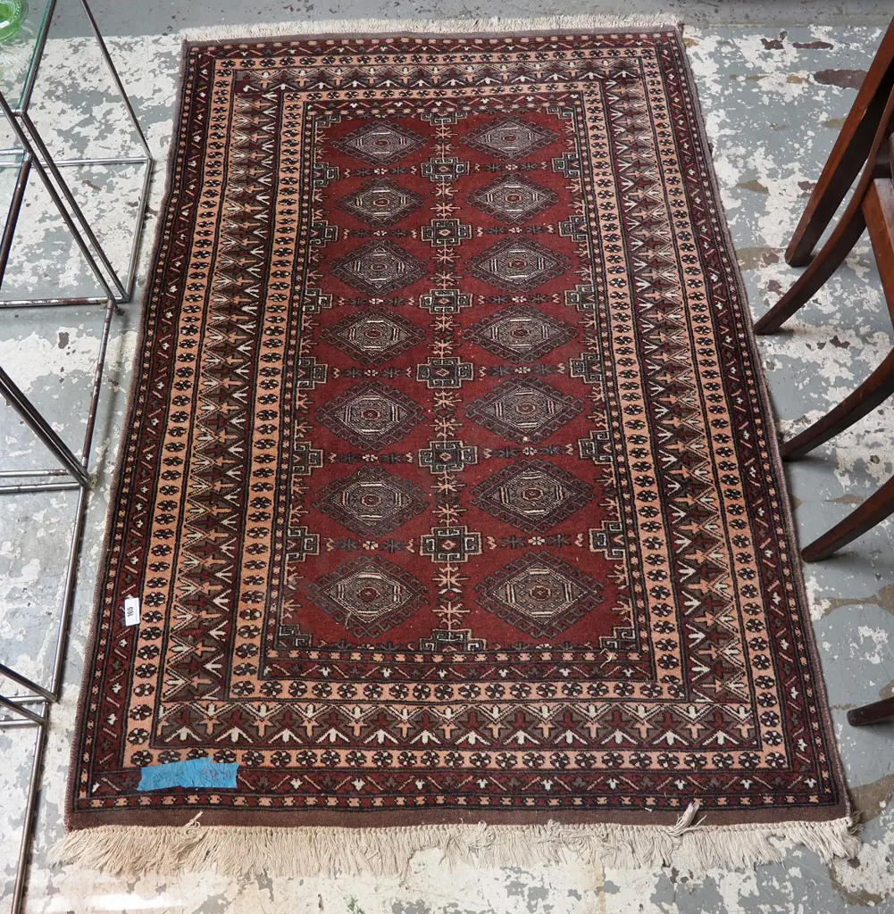 hand-woven wool floor rug - salmon, burgundy & grey L-1850 W-1260 Image 1++