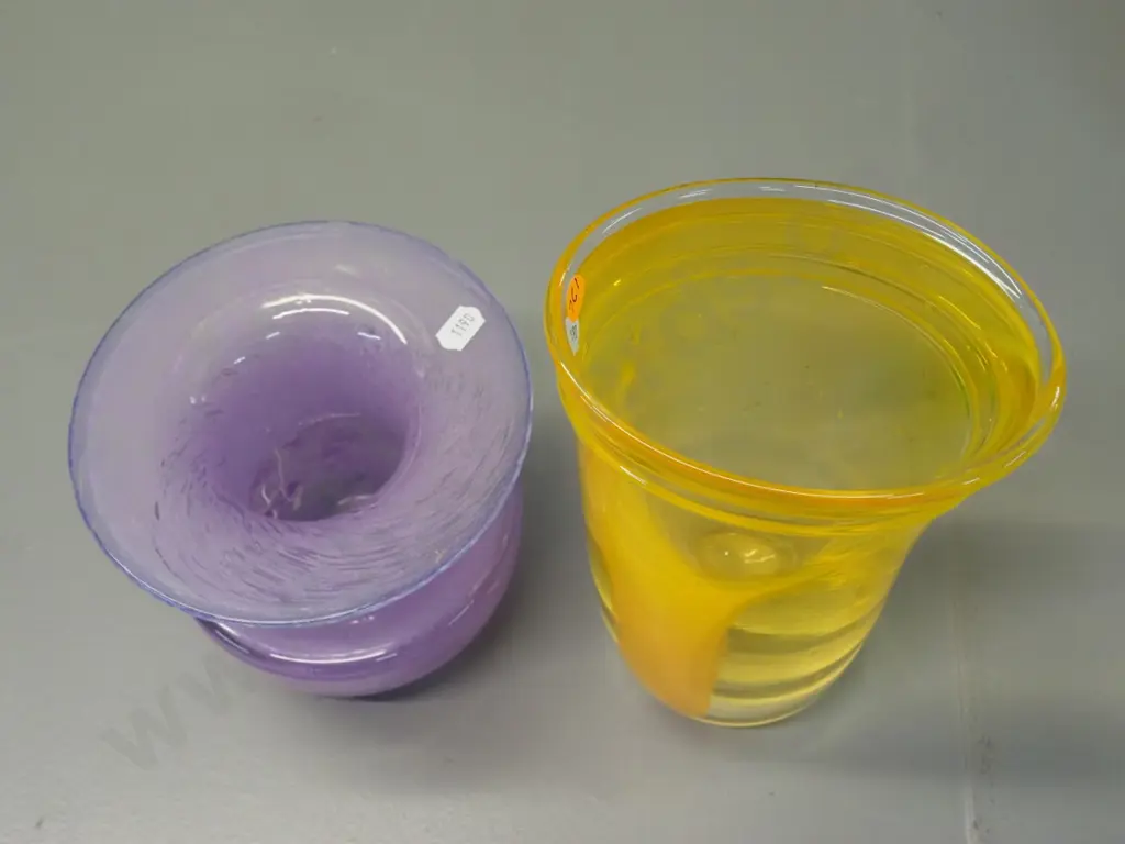 2 art glass vases - mottled lavender and rustic yellow H-220 Image 1++