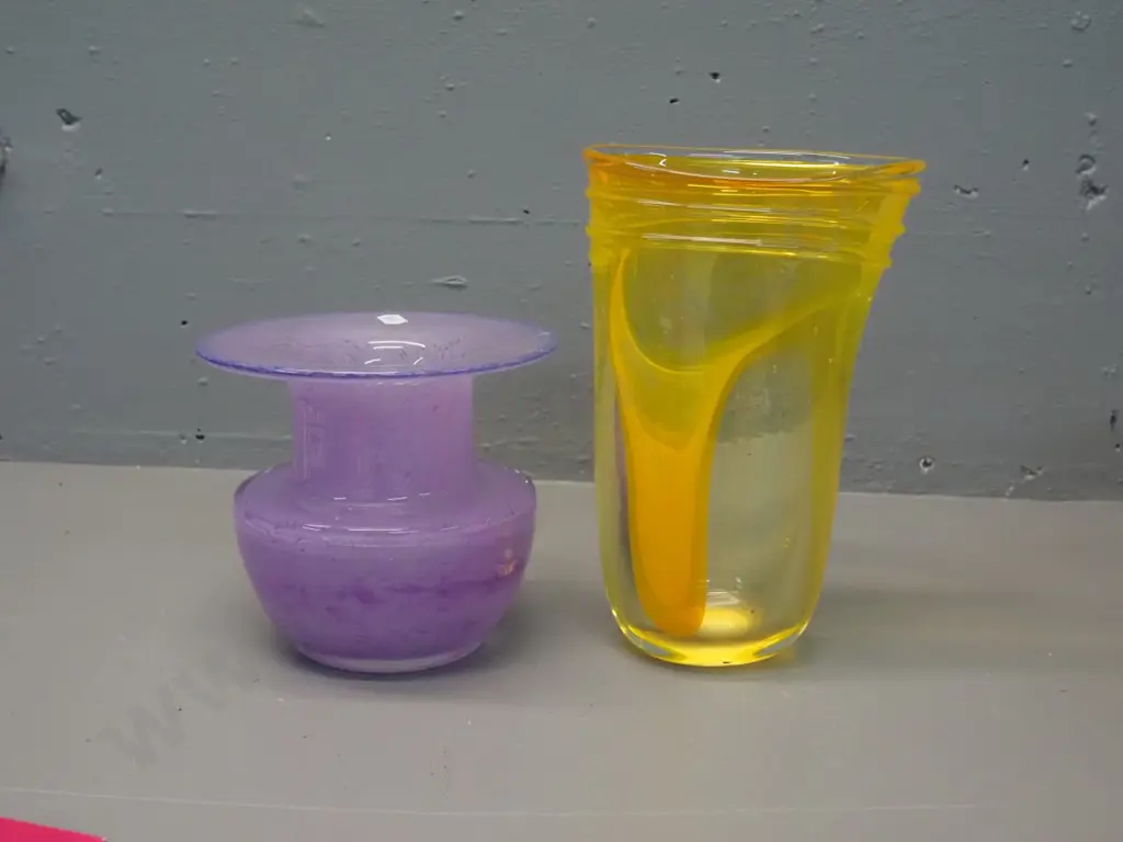 2 art glass vases - mottled lavender and rustic yellow H-220 Image 1++