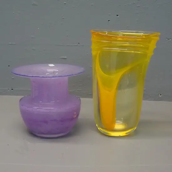 2 art glass vases - mottled lavender and rustic yellow H-220