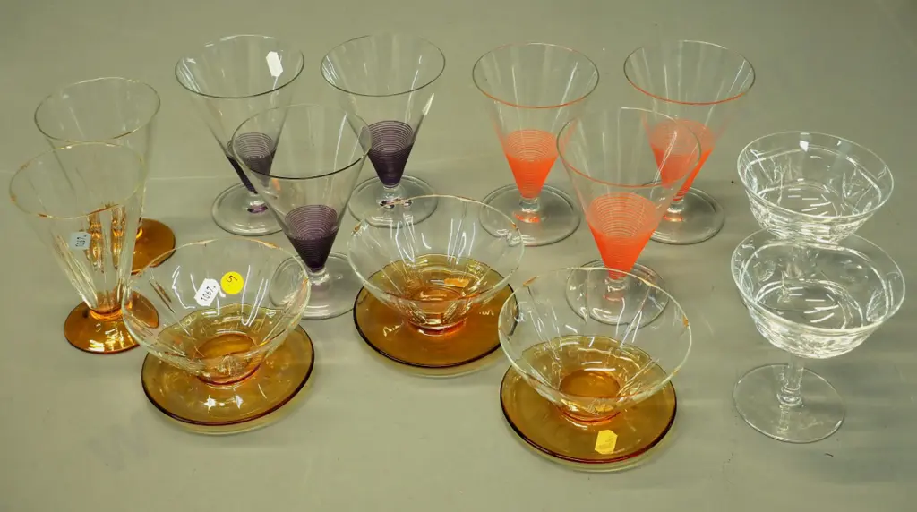 retro glassware - 6 banded wine glasses, 5 amber and clear glass items, 2 Webb Corbett crystal comports etc. Image 1++